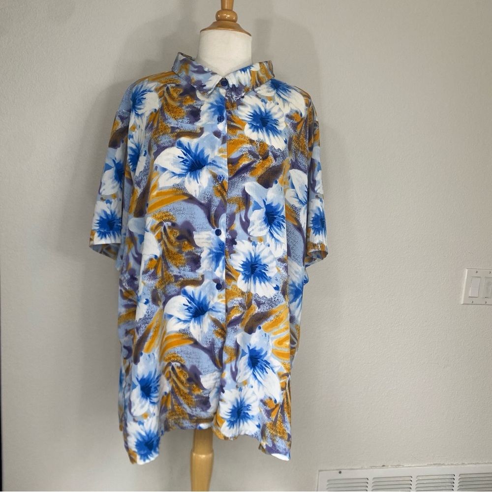 Vintage Women's Kaktus Blue Watercolor Floral Collared Button Shirt Size 3X